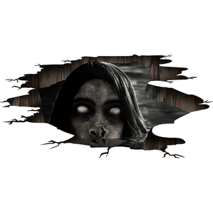 3D Halloween wall sticker featuring a terrifying eyeless ghost woman breaking through wall