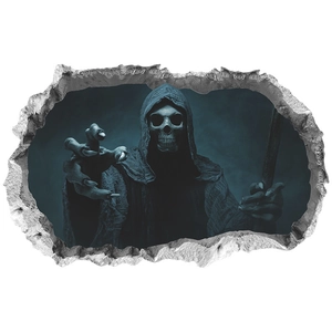 3D Halloween wall sticker featuring a reaper skull breaking through a stone wall