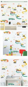 Construction vehicle wall decals showing excavator and crane in a kids room setting