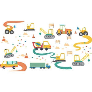 Detailed flat layout of cartoon construction vehicle wall decals with cranes and trucks