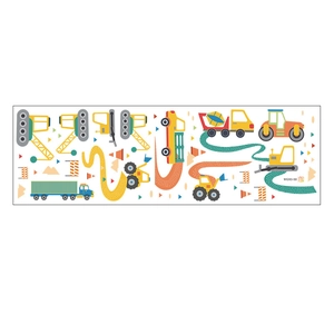 Detail view of MG93-58 wall decals featuring cartoon construction trucks and vehicles