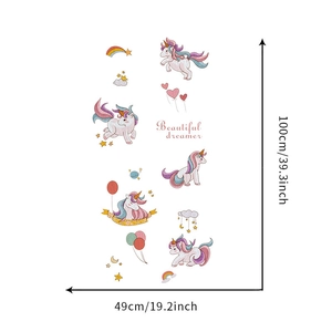 Detail view of unicorn wall sticker kit with dimensions of 100cm height by 49cm width