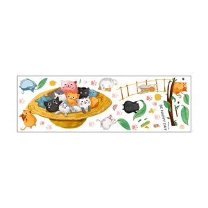 Feuille détaillée de stickers muraux chat avec chapeau de paille et motifs de chat