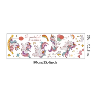 Detailed dimensions of unicorn wall stickers with rainbow and star decorations