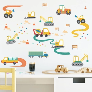 Cartoon Construction Vehicle Wall Stickers PVC Removable DIY Excavator Crane Truck Decals For Kids Room Nursery Decoration