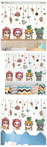 Detailed views of waterproof PVC cartoon cat wall stickers in various room settings