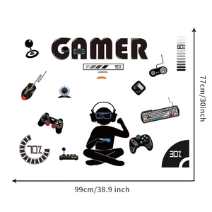 Detail view of gamer wall decal set with VR headset, controller icons and loading bars