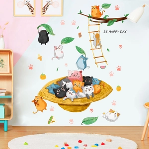 Autocollant Mural Chat de Dessin Animé dans un Chapeau de Paille PVC Autocollant Amovible Animaux Chambre d'Enfant Décor