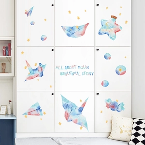 Watercolor Origami Crane Star Planet Wall Stickers Removable DIY PVC Decals For Kids Room Nursery Bedroom Kindergarten Decor