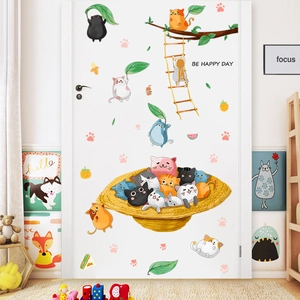 Stickers muraux chats de dessin animé avec texte Be Happy Day pour déco chambre enfant