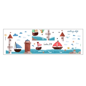 Detailed layout of nautical wall stickers with sailing ships and red lighthouses