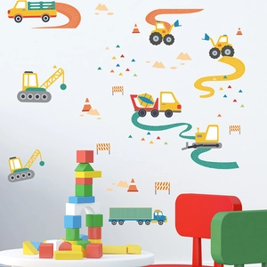 Construction vehicle wall stickers with cartoon excavators and cranes for kids rooms