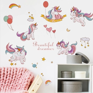 Cartoon unicorn wall stickers with rainbow and balloons for kid's room decoration