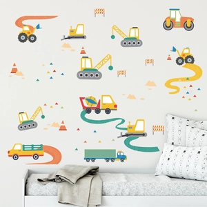 Construction vehicle wall decals for kids bedroom featuring yellow excavators and cranes