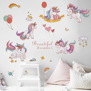 Cartoon unicorn wall stickers with rainbow and stars for kids room decor