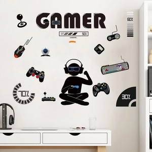 Gamer Wall Decal Gaming Room Decoration For Boys Bedroom Controller Keyboard Mouse Silhouette DIY Waterproof PVC Art Mural
