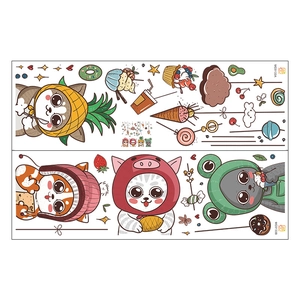 Detailed view of removable PVC wall stickers featuring cute cats in fruit and animal hats
