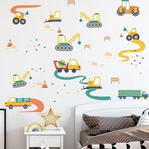 Construction vehicle wall decals for kids room with excavators, cranes and bulldozers