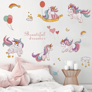 Cartoon unicorn wall stickers in pastel colors for a dreamy nursery bedroom decoration