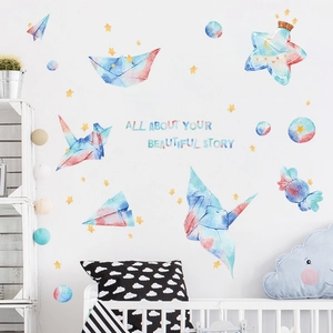 Watercolor origami cranes and stars wall stickers for kids bedroom dream decoration