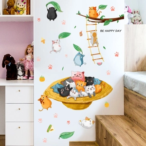Stickers muraux chats mignons avec chapeau de paille et branche pour chambre enfant