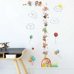 Cartoon mouse height wall sticker with cheese and clouds for nursery decor
