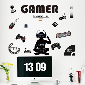 Cartoon gamer wall stickers with gaming peripherals and VR player silhouette for boy's room