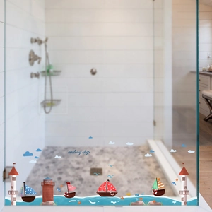 Cartoon nautical wall stickers with sailing ships and lighthouses for bathroom glass