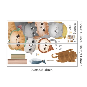 Detailed sheet layout of cartoon cat wall stickers showing dimensions and cute graphics