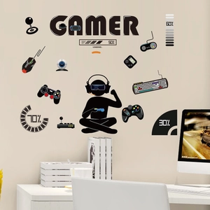Gamer wall sticker featuring VR player silhouette and game controller decals for room decor