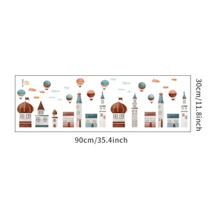 Detailed view of cartoon castle town wall sticker with size 90x30cm in Morandi tones