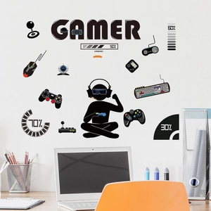 Gamer wall decal set with VR player silhouette and game controller stickers for room decor