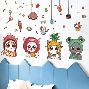 Cartoon cute cat and animal wall stickers for kids room decor with sweet dessert patterns