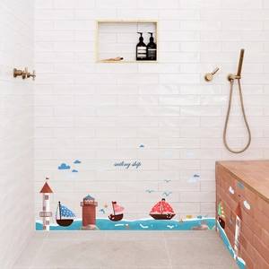 Cartoon lighthouse and sailing ship wall stickers for bathroom tiles decoration