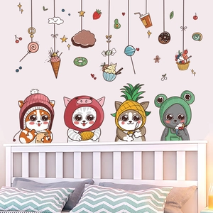 Cartoon hungry cat wall stickers with removable PVC animal and dessert decals for home decor