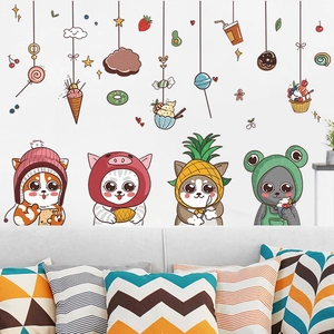 Cartoon hungry cat wall stickers set with cute hats and sweets for home wall decoration