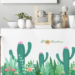 Tropical cartoon cactus wall stickers with pink flamingos and wild cactus text design