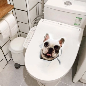 Adesivo murale 3D Bulldog francese per decorazione WC con realistico effetto strappato