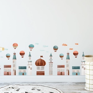 Cartoon castle town and hot air balloons wall stickers for nursery skirting board decor