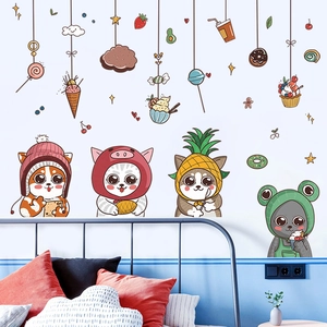 Cartoon hungry cat wall stickers set with kittens wearing hats for cozy bedroom decor