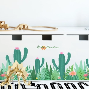 White wooden cactus themed storage cabinet for kids with flamingo and floral patterns