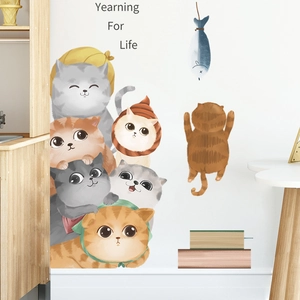 Cartoon cat wall decals set for kids room decoration featuring cute kittens and fish motifs