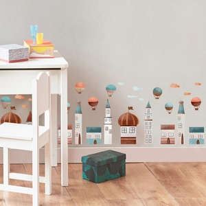 Cartoon castle town wall stickers in Morandi colors for kids bedroom and living room decor