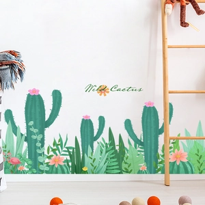 Tropical cactus wall stickers with pink flowers and flamingo for home decoration