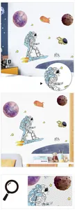 Detail of cartoon astronaut and purple planet wall stickers for kids bedroom decor