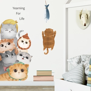 Cute cartoon cats wall stickers for kids room decoration in watercolor painting style