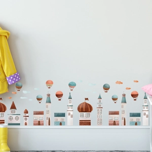 Cartoon castle town wall stickers for children's room decor with colorful buildings