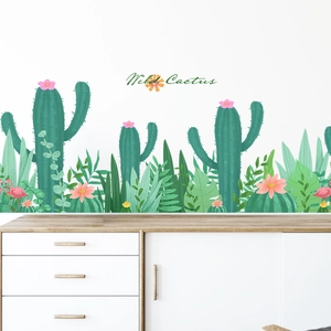 Tropical wild cactus wall stickers with pink flowers and flamingo for home decor