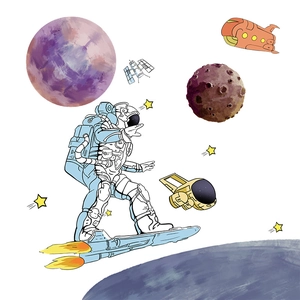 Close-up of astronaut on rocket skateboard wall decal with planets and space theme