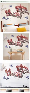 Detail view of plum blossom wall stickers with birds and pagoda in Chinese ink style